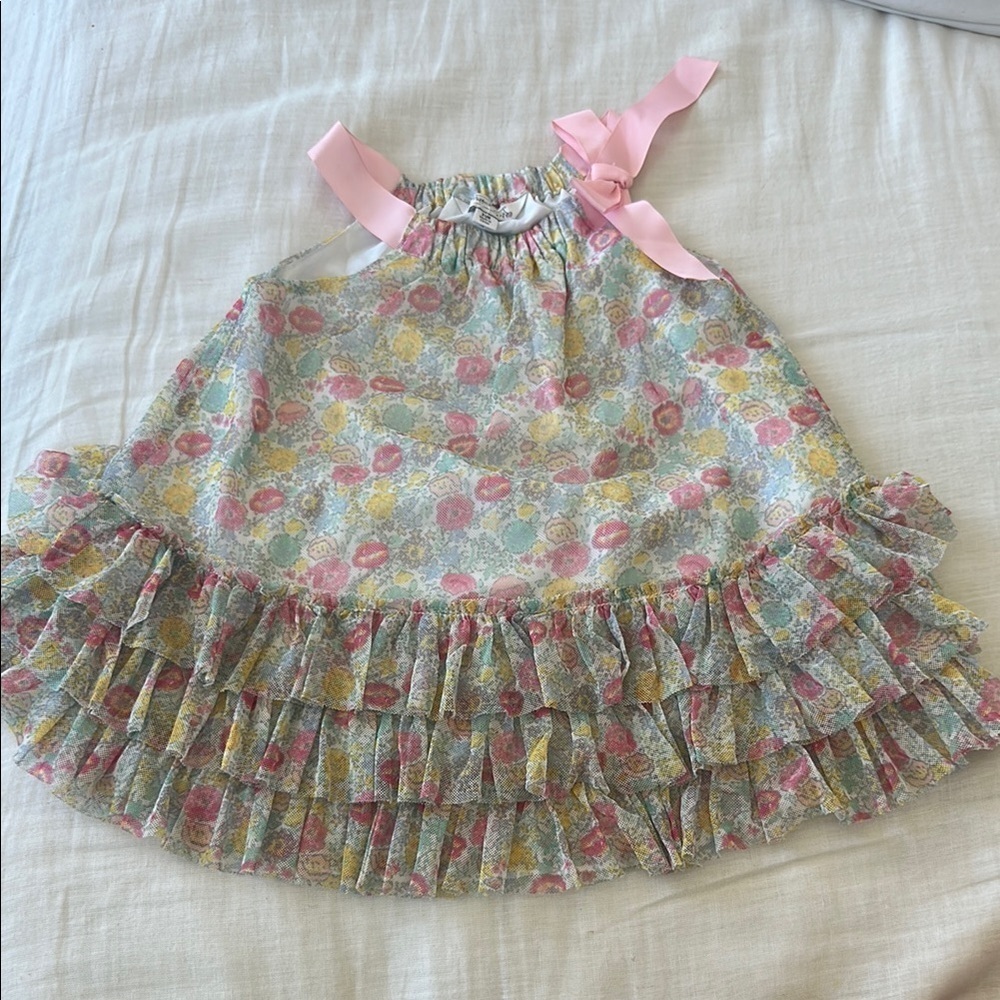 Puppy & Julie Floral Ruffle Dress with Pink Bow 24m